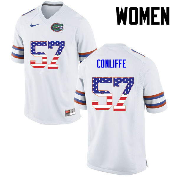 Women Florida Gators #57 Elijah Conliffe College Football USA Flag Fashion Jerseys-White - Click Image to Close